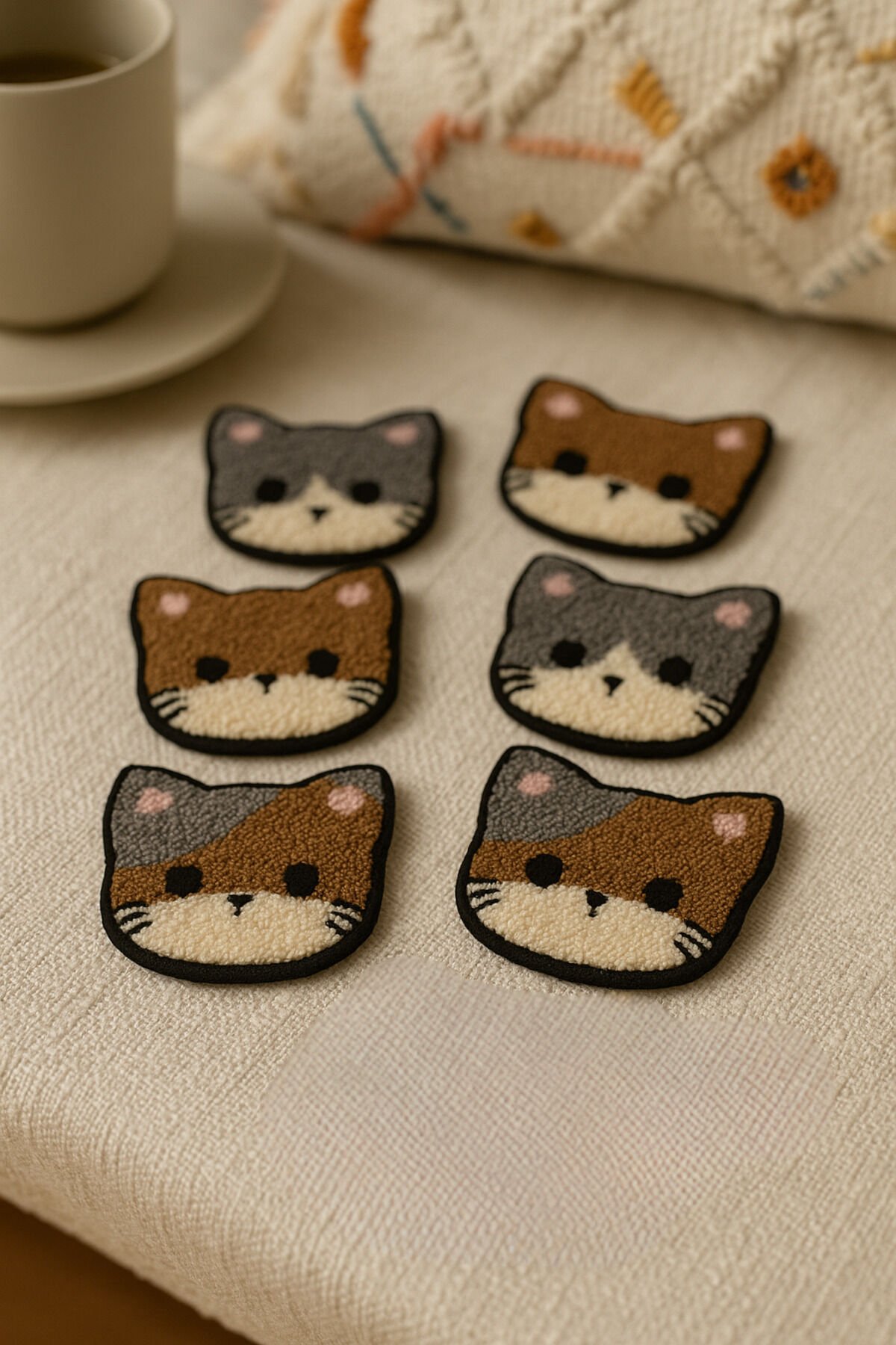 El Yapımı Punch Kedi Bardak Altlığı – 6’lı Sevimli Set