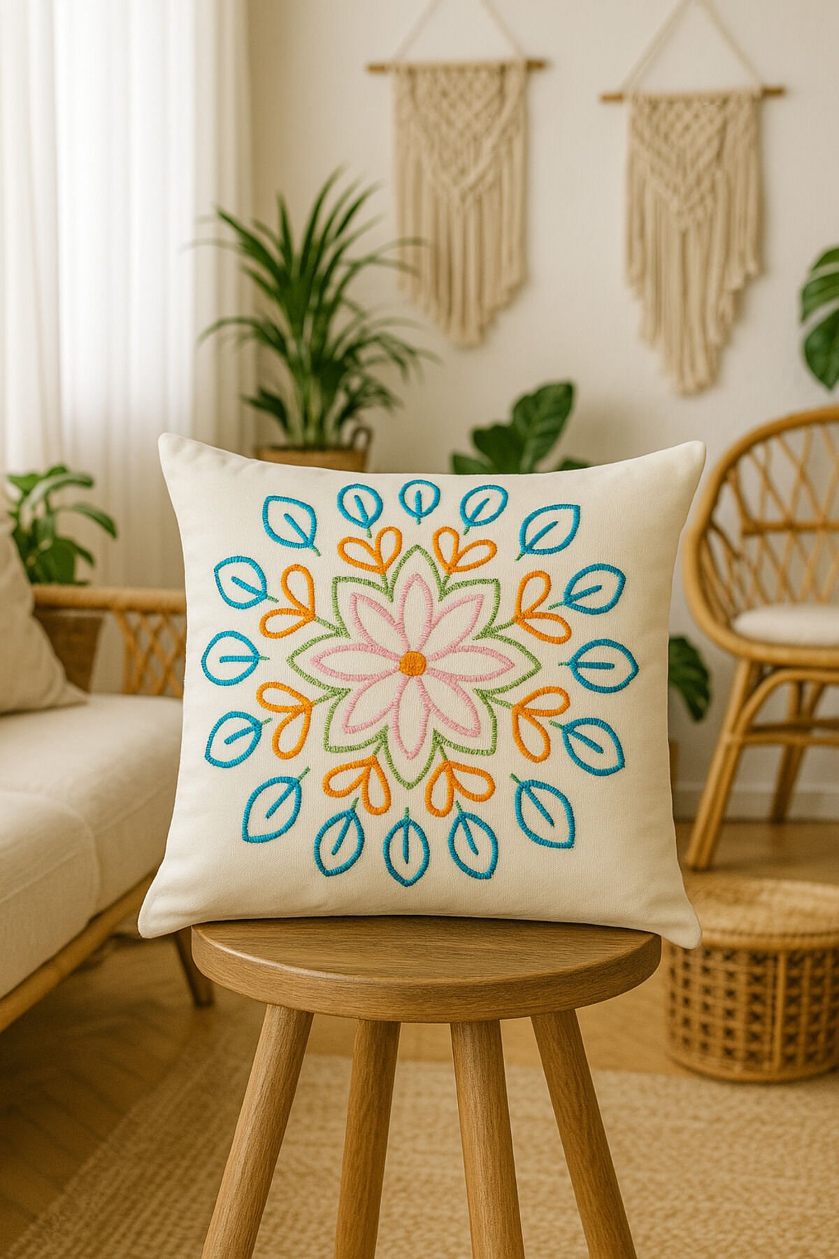 El Yapımı Mandala Çiçek Desenli Punch Needle Kırlent Kılıfı