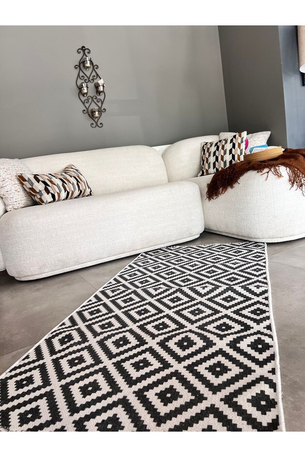 1. Kalite Pamuklu Baskılı Kaymaz Taban Dekoratif Kilim | Modern Desenli Pamuklu Dokuma