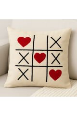 Tic Tac Toe (XOX) Kalpli Nakışlı Punch Dekoratif Yastık Kılıfı Kırlent Kılıfı