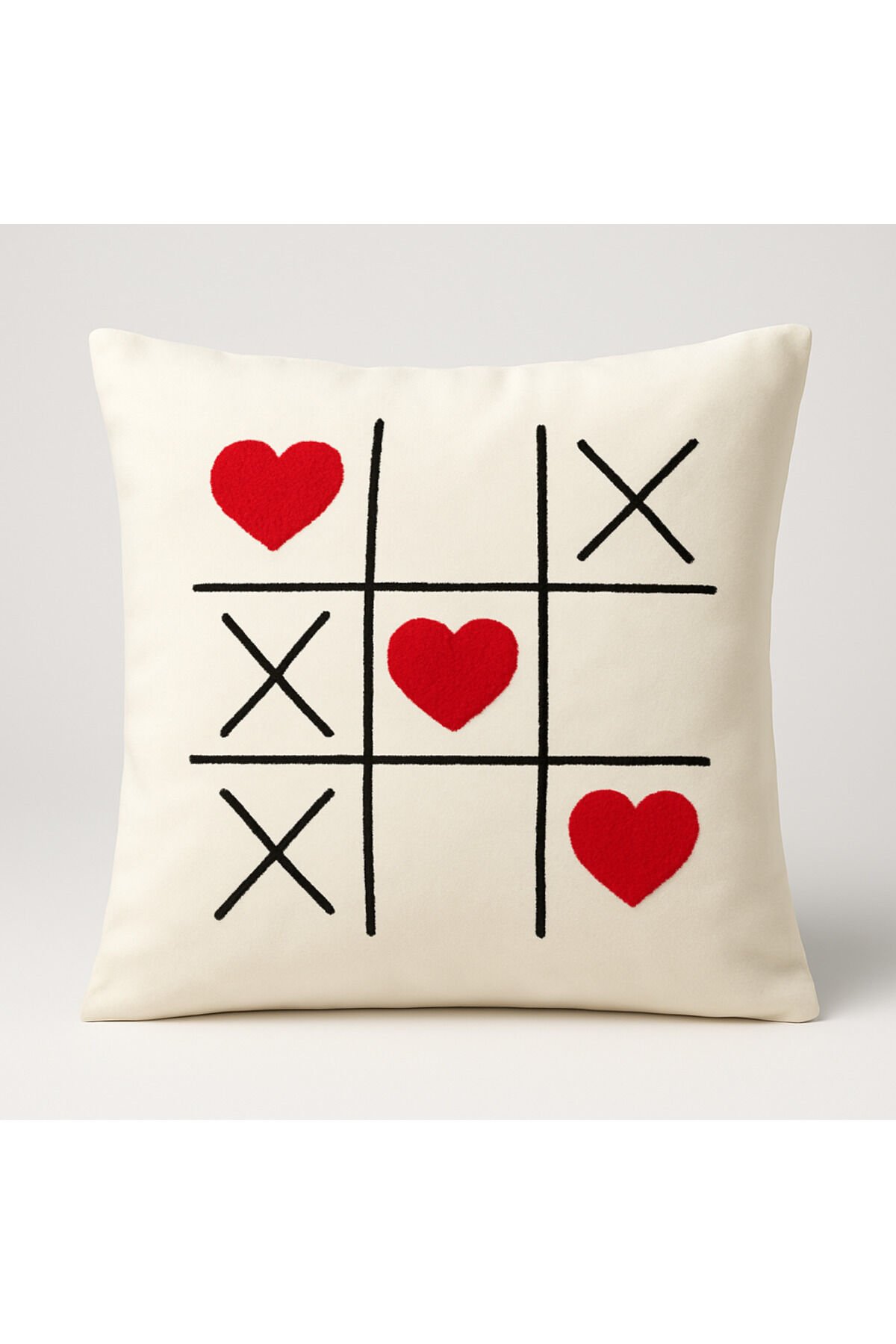 Tic Tac Toe (XOX) Kalpli Nakışlı Punch Dekoratif Yastık Kılıfı Kırlent Kılıfı