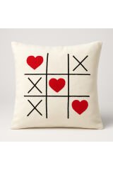Tic Tac Toe (XOX) Kalpli Nakışlı Punch Dekoratif Yastık Kılıfı Kırlent Kılıfı