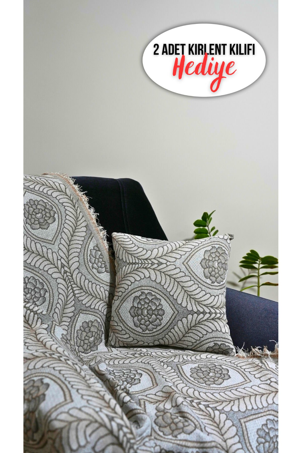%100 Pamuklu Lüks Kaymaz Koltuk Örtüsü | Çok Amaçlı Örtü | 2 Adet 40x40 Cm Kırlent Kılıfı