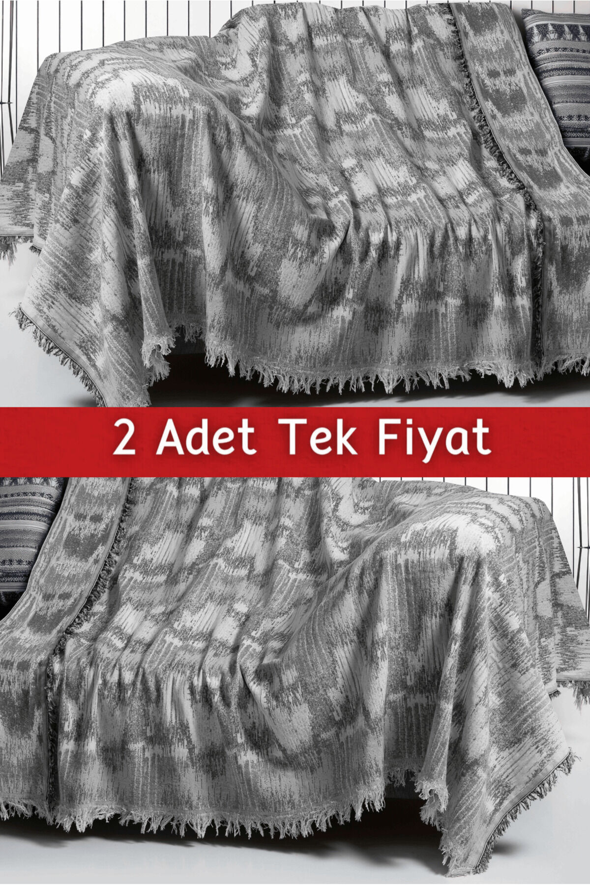 İkili Set Dokuma Koltuk Örtüsü Seti 170x220cm Gri