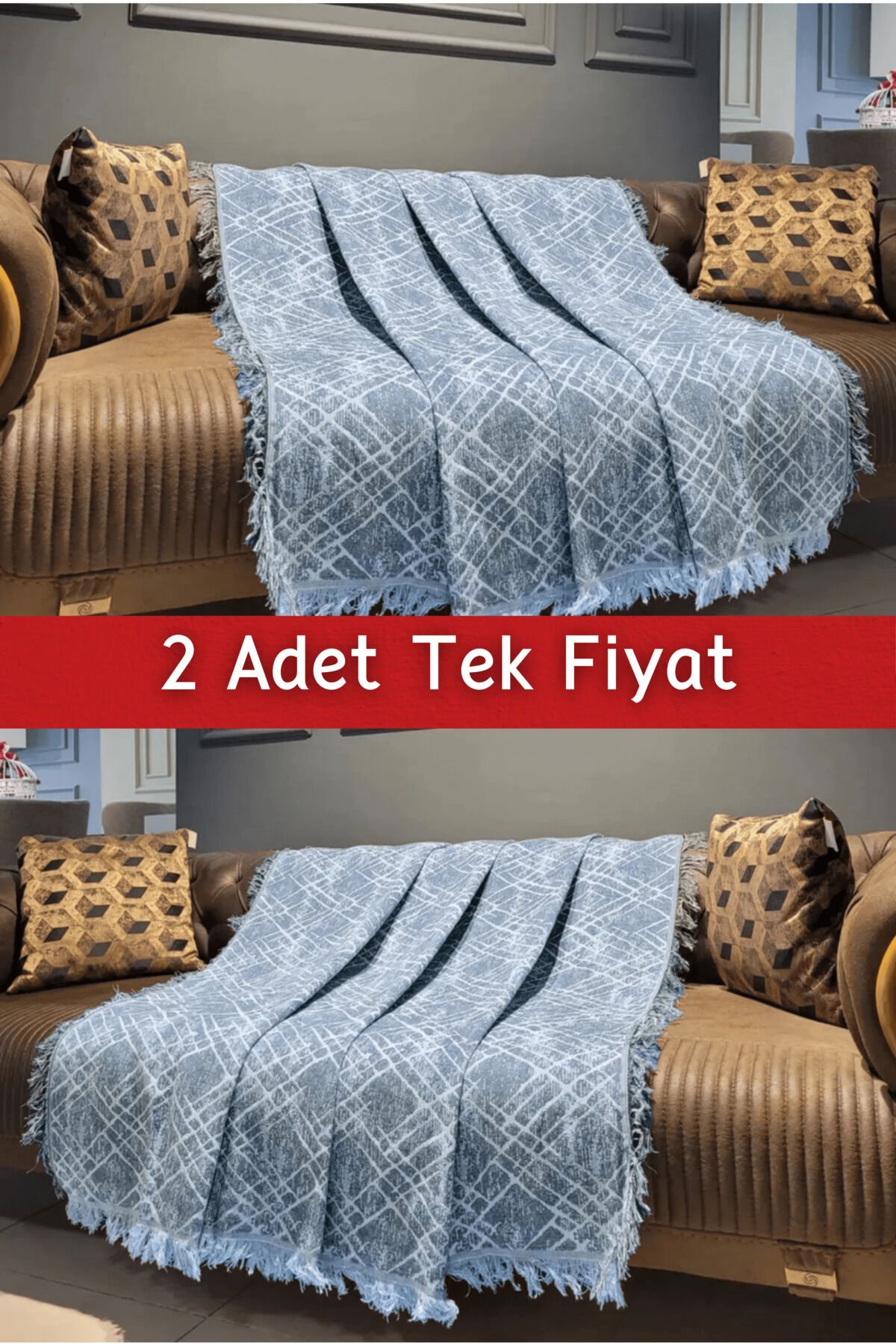 Ikili Set Dokuma Koltuk Örtüsü Seti 170x220cm Mavi