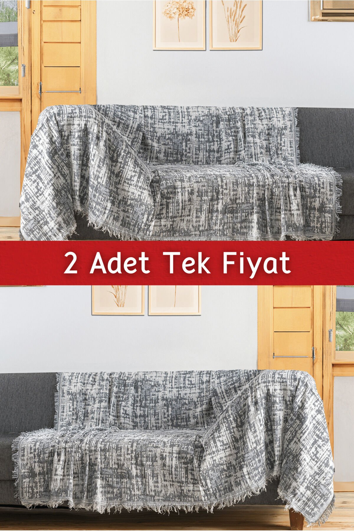 Ikili Set Dokuma Koltuk Örtüsü Seti 170x220cm Gri