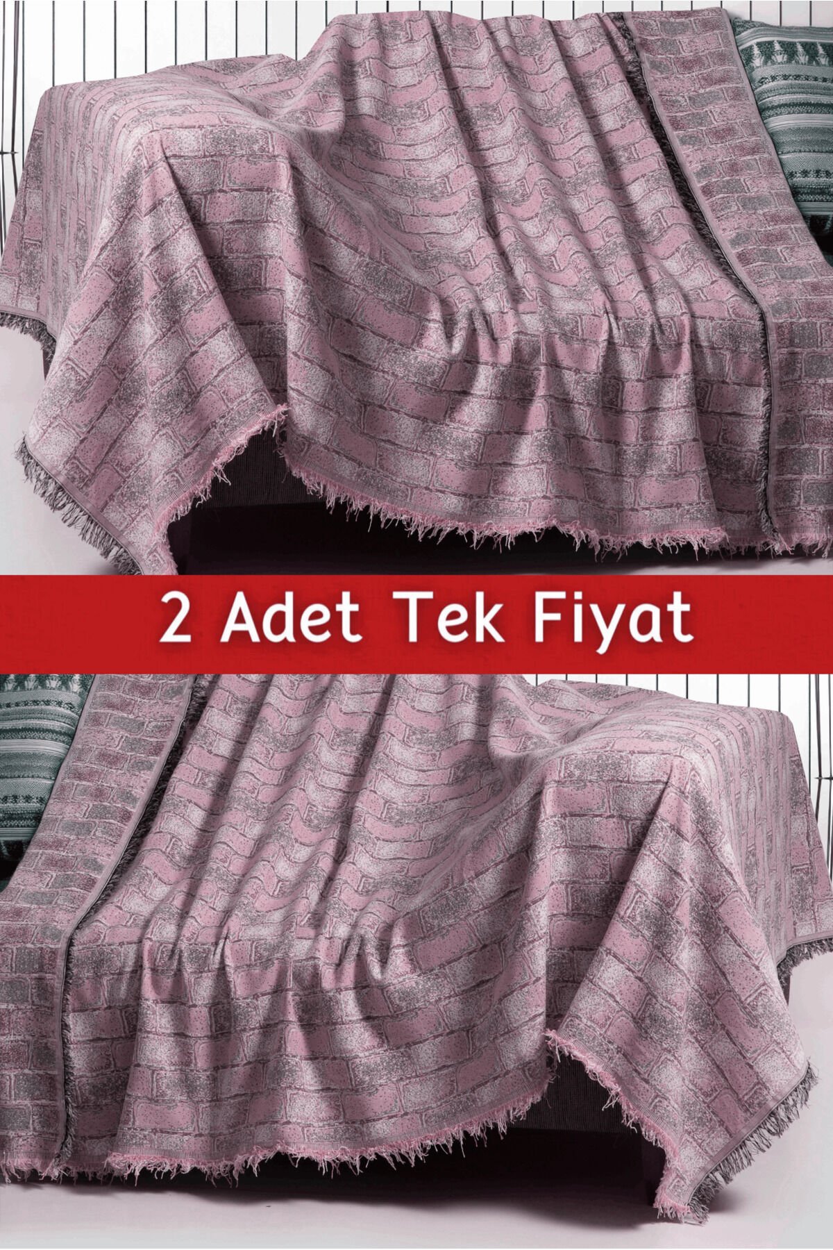İkili Set Dokuma Koltuk Örtüsü Seti 170x220cm Pembe