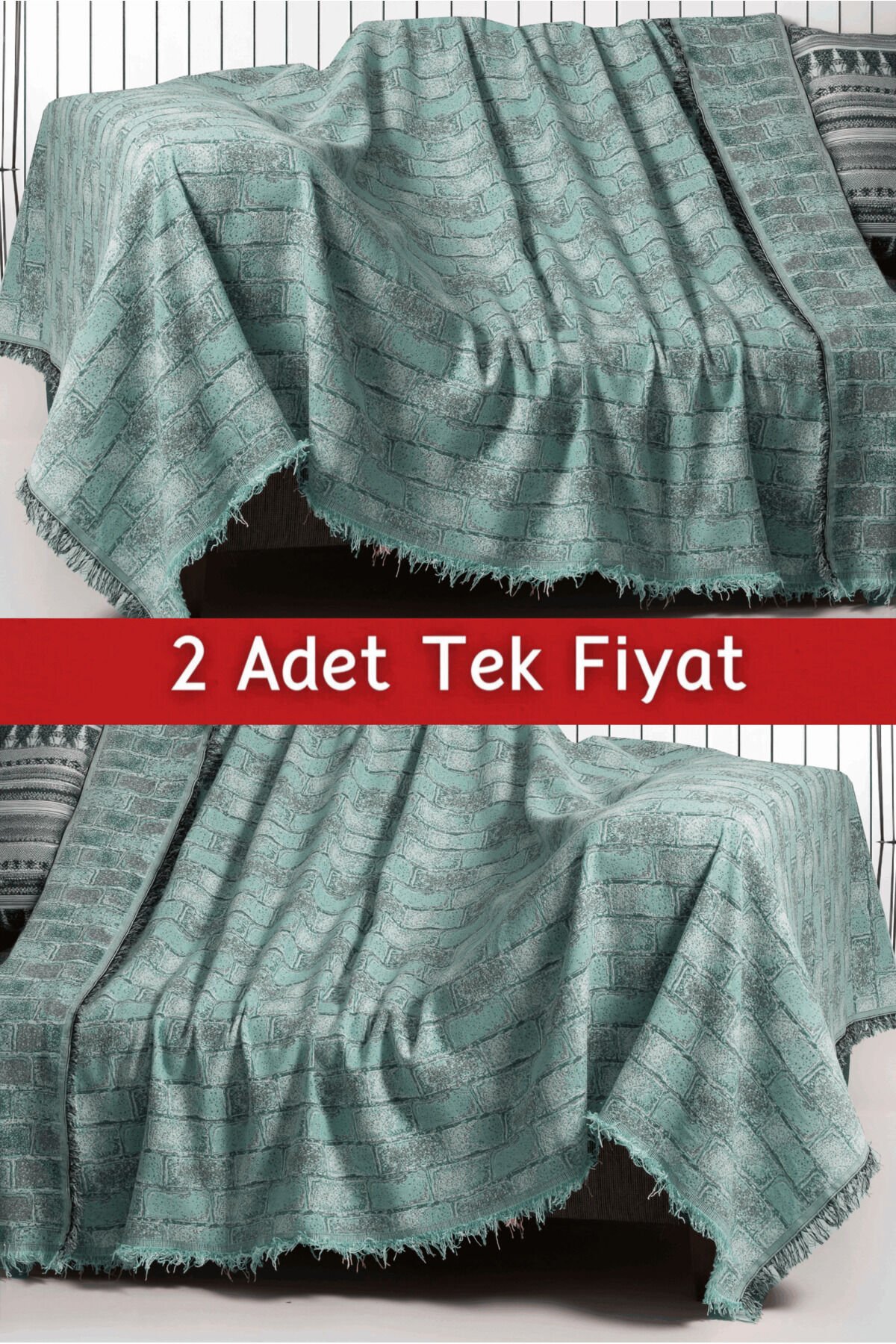İkili Set Dokuma Koltuk Örtüsü Seti 170x220cm Su Yeşili