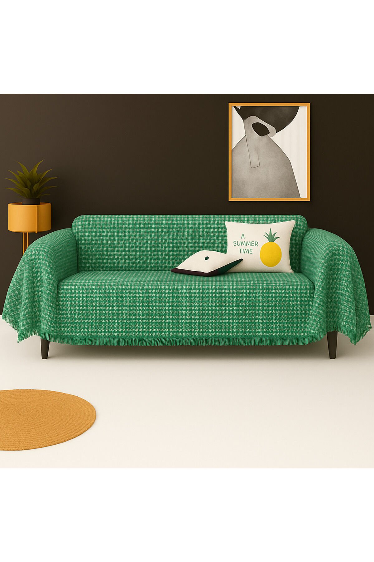 Pamuklu Dokulu Koltuk Şalı 170x300 cm Battal Boy – Saçaklı TV Battaniyesi & Dekoratif Koltuk Örtüsü Yeşil