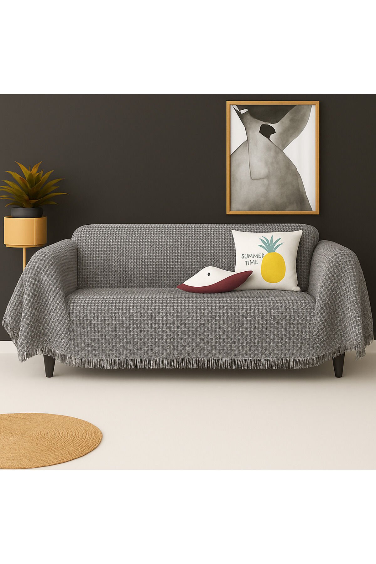 Pamuklu Dokulu Koltuk Şalı 170x300 cm Battal Boy – Saçaklı TV Battaniyesi & Dekoratif Koltuk Örtüsü Gri