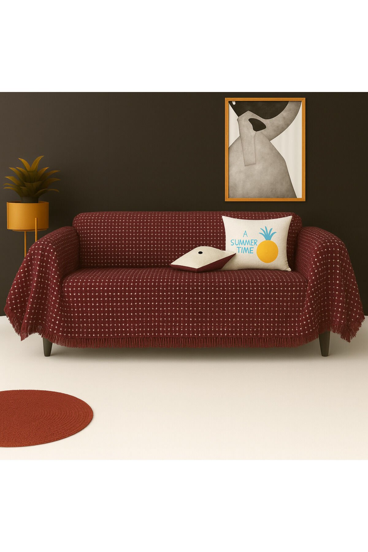 Pamuklu Dokulu Koltuk Şalı 170x300 cm Battal Boy – Saçaklı TV Battaniyesi & Dekoratif Koltuk Örtüsü Bordo