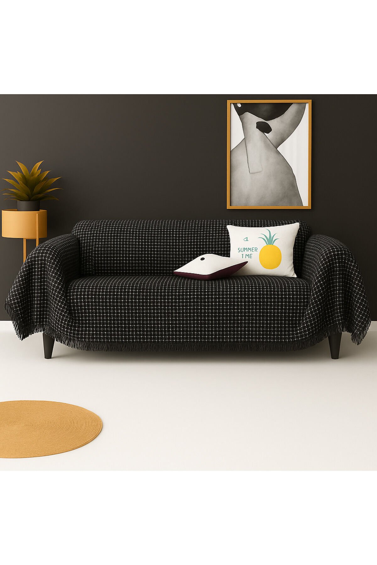 Pamuklu Dokulu Koltuk Şalı 170x300 cm Battal Boy – Saçaklı TV Battaniyesi & Dekoratif Koltuk Örtüsü Siyah