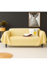 Pamuklu Dokulu Koltuk Şalı 170x350 cm Battal Boy – Saçaklı TV Battaniyesi & Dekoratif Koltuk Örtüsü Limon Sarısı