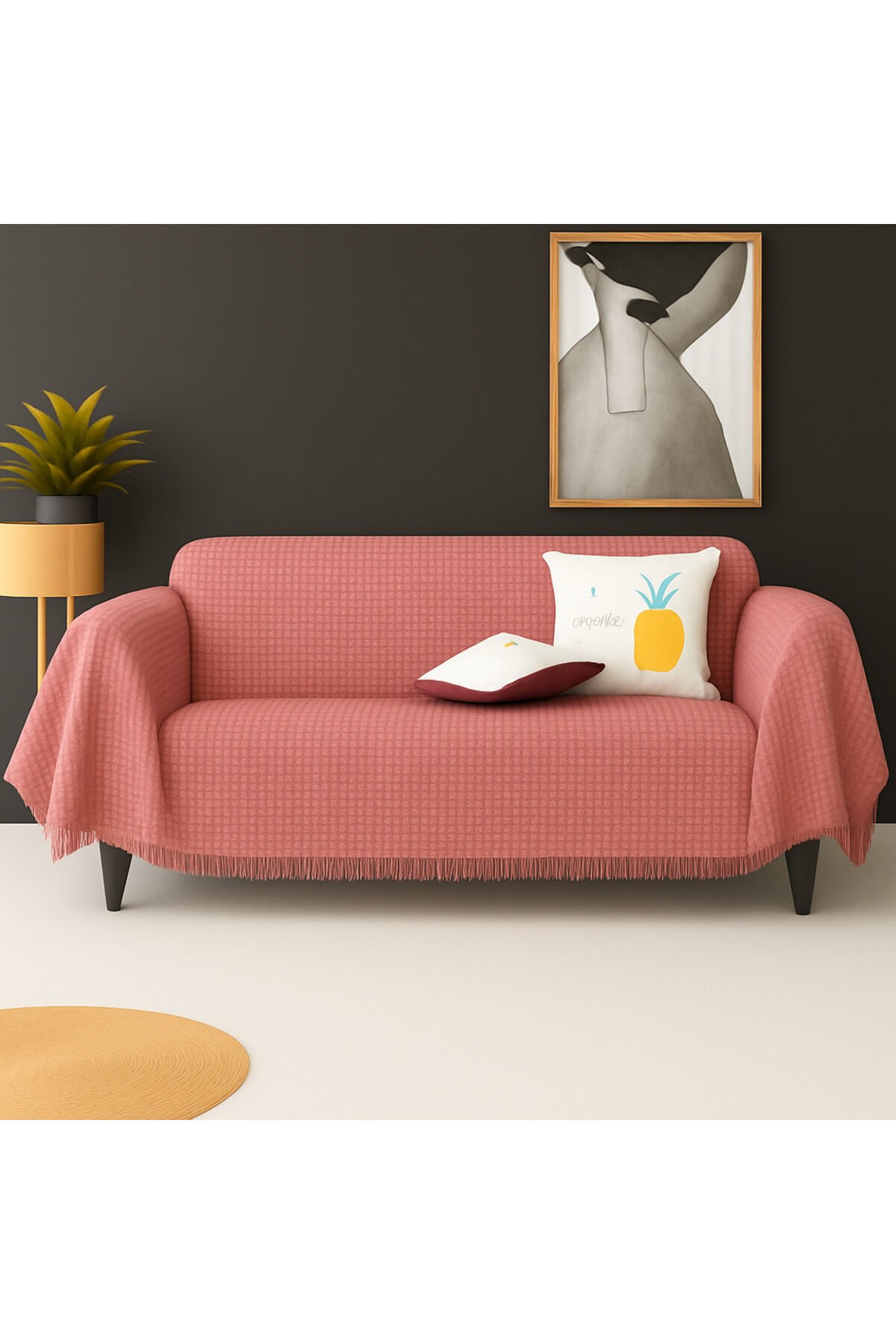 Pamuklu Dokulu Koltuk Şalı 170x350 cm Battal Boy – Saçaklı TV Battaniyesi & Dekoratif Koltuk Örtüsü Açık Pembe