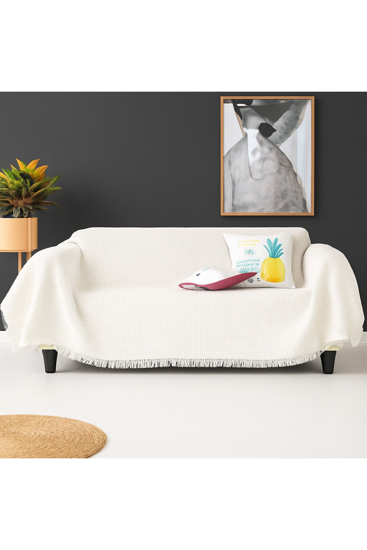 Pamuklu Dokulu Koltuk Şalı 170x350 cm Battal Boy – Saçaklı TV Battaniyesi & Dekoratif Koltuk Örtüsü Beyaz