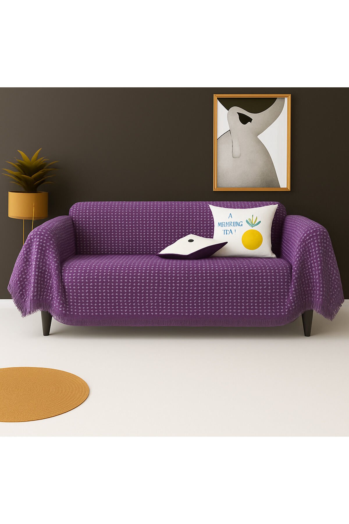 Pamuklu Dokulu Koltuk Şalı 170x350 cm Battal Boy – Saçaklı TV Battaniyesi & Dekoratif Koltuk Örtüsü Mor
