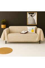 Pamuklu Dokulu Koltuk Şalı 170x350 cm Battal Boy – Saçaklı TV Battaniyesi & Dekoratif Koltuk Örtüsü Bej