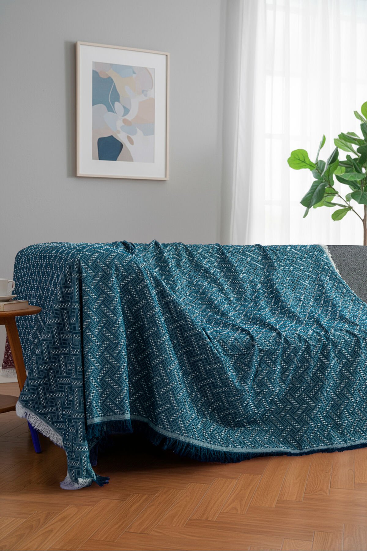 Bohem Tarz Koltuk Şalı 170x220 cm – Saçaklı TV Battaniyesi & Dekoratif Koltuk Örtüsü Kot Mavi