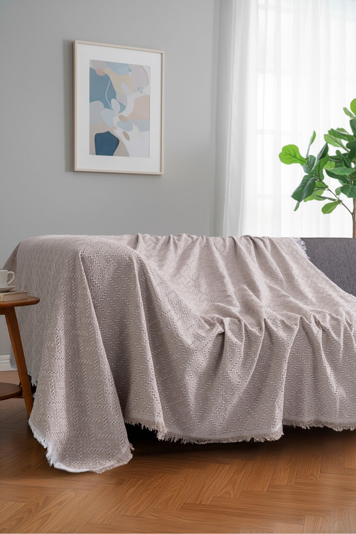 Bohem Tarz Koltuk Şalı 170x220 cm – Saçaklı TV Battaniyesi & Dekoratif Koltuk Örtüsü Bej