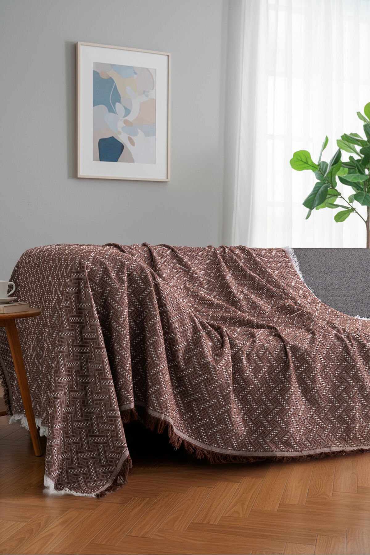 Bohem Tarz Koltuk Şalı 170x220 cm – Saçaklı TV Battaniyesi & Dekoratif Koltuk Örtüsü Sütlü Kahverengi