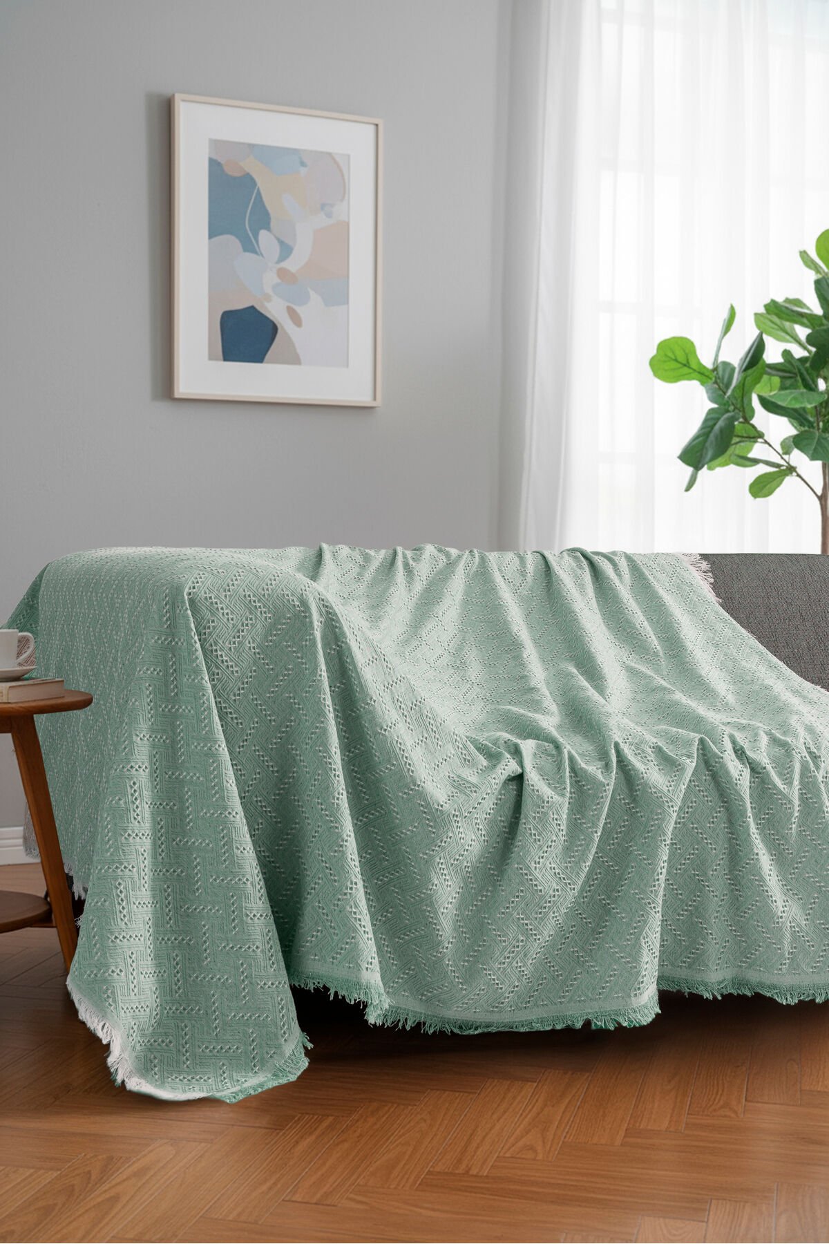 Bohem Tarz Koltuk Şalı 170x220 cm – Saçaklı TV Battaniyesi & Dekoratif Koltuk Örtüsü Açık Su Yeşil