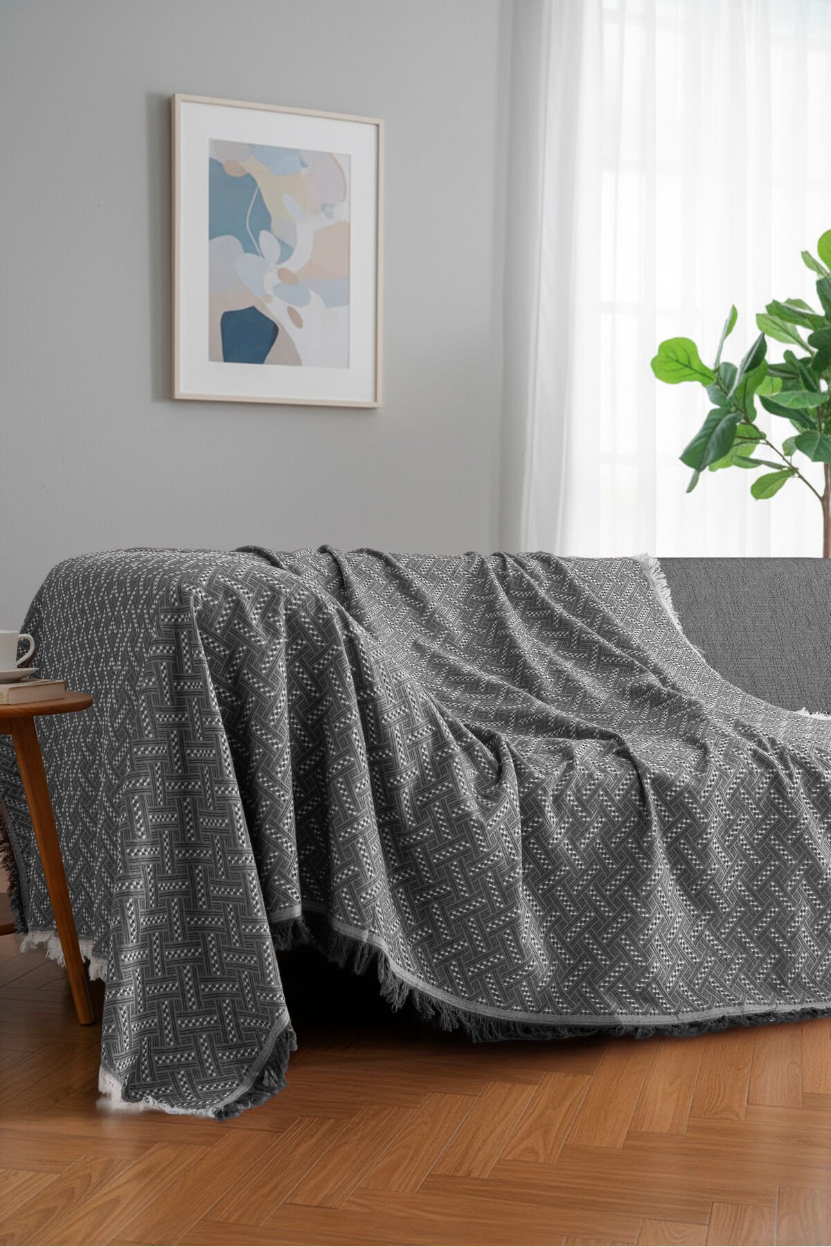 Bohem Tarz Koltuk Şalı 170x220 cm – Saçaklı TV Battaniyesi & Dekoratif Koltuk Örtüsü Gri