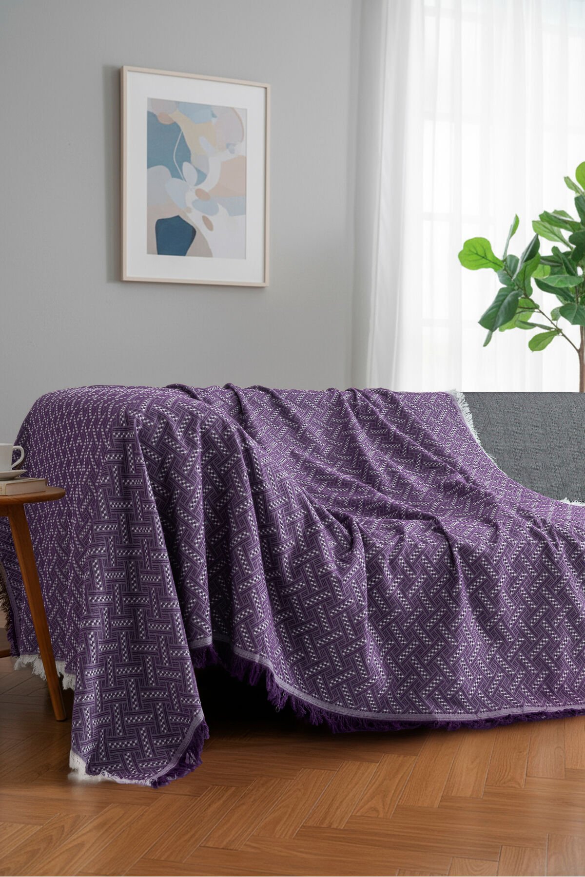 Bohem Tarz Koltuk Şalı 170x220 cm – Saçaklı TV Battaniyesi & Dekoratif Koltuk Örtüsü Mor