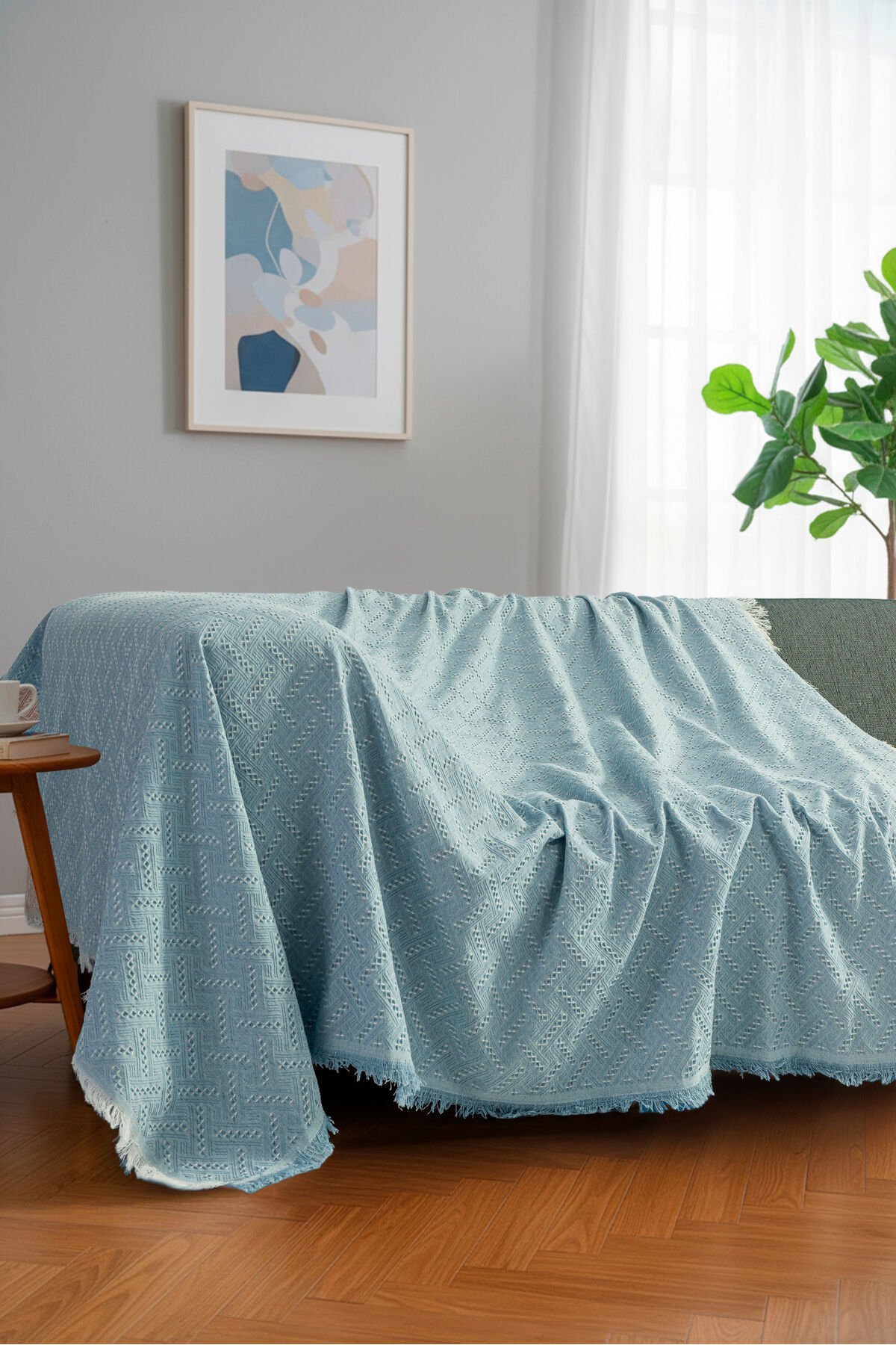 Bohem Tarz Koltuk Şalı 170x220 cm – Saçaklı TV Battaniyesi & Dekoratif Koltuk Örtüsü Bebe Mavi