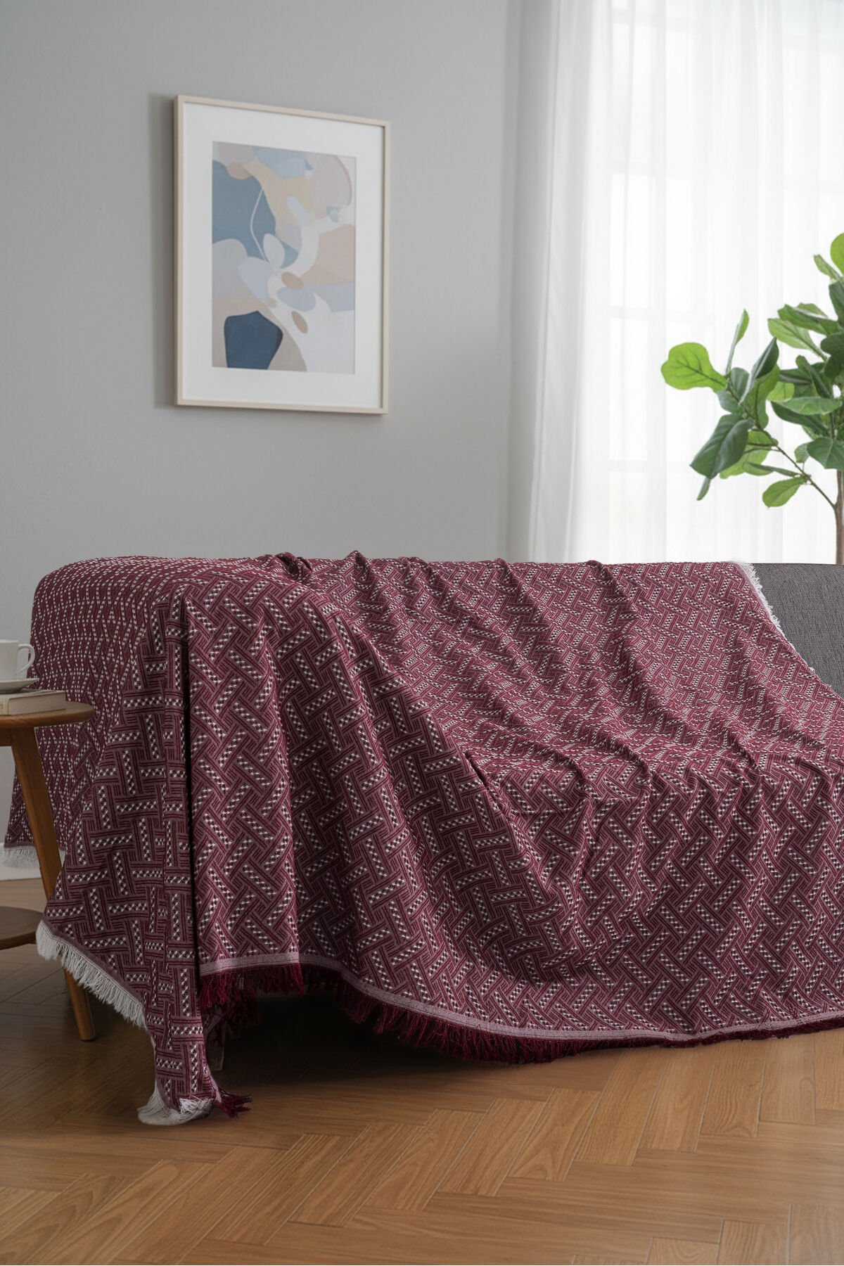 Bohem Tarz Koltuk Şalı 170x220 cm – Saçaklı TV Battaniyesi & Dekoratif Koltuk Örtüsü Bordo