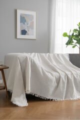 Bohem Tarz Koltuk Şalı 170x220 cm – Saçaklı TV Battaniyesi & Dekoratif Koltuk Örtüsü Beyaz