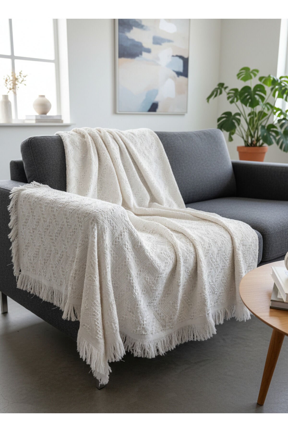 Bohem Tarz Koltuk Şalı 170x220 cm – Saçaklı TV Battaniyesi & Dekoratif Koltuk Örtüsü Beyaz