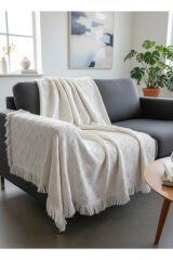 Bohem Tarz Koltuk Şalı 170x220 cm – Saçaklı TV Battaniyesi & Dekoratif Koltuk Örtüsü Beyaz