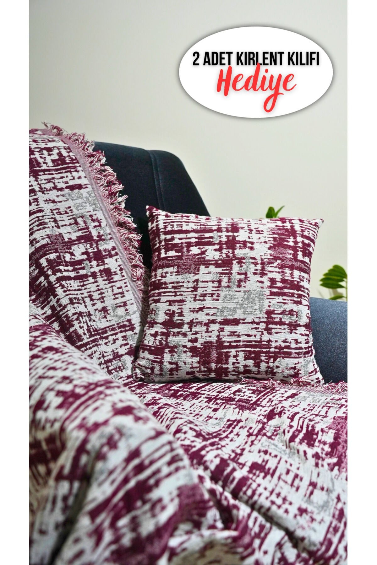 %100 Pamuklu Lüks Kaymaz Koltuk Örtüsü | Çok Amaçlı Örtü | 2 Adet 40x40 Cm Kırlent Kılıfı Bordo