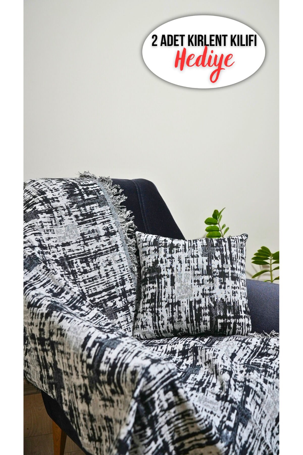 %100 Pamuklu Lüks Kaymaz Koltuk Örtüsü | Çok Amaçlı Örtü | 2 Adet 40x40 Cm Kırlent Kılıfı Siyah
