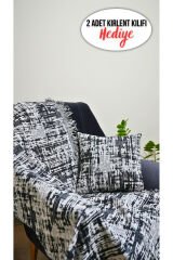 %100 Pamuklu Lüks Kaymaz Koltuk Örtüsü | Çok Amaçlı Örtü | 2 Adet 40x40 Cm Kırlent Kılıfı Siyah