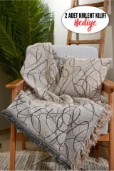 %100 Pamuklu Lüks Kaymaz Koltuk Örtüsü | Çok Amaçlı Örtü | 2 Adet 40x40 Cm Kırlent Kılıfı Bejsarmaşık