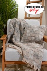 %100 Pamuklu Lüks Kaymaz Koltuk Örtüsü | Çok Amaçlı Örtü | 2 Adet 40x40 Cm Kırlent Kılıfı Bejtuğla