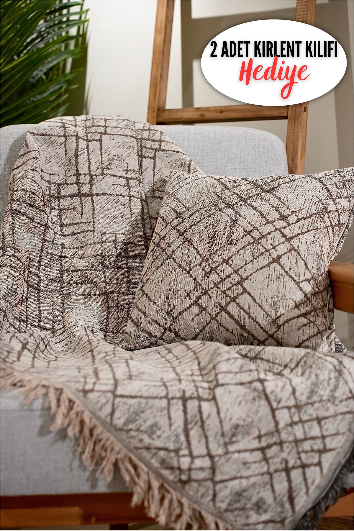%100 Pamuklu Lüks Kaymaz Koltuk Örtüsü | Çok Amaçlı Örtü | 2 Adet 40x40 Cm Kırlent Kılıfı Bejçapraz