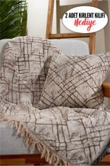 %100 Pamuklu Lüks Kaymaz Koltuk Örtüsü | Çok Amaçlı Örtü | 2 Adet 40x40 Cm Kırlent Kılıfı Bejçapraz