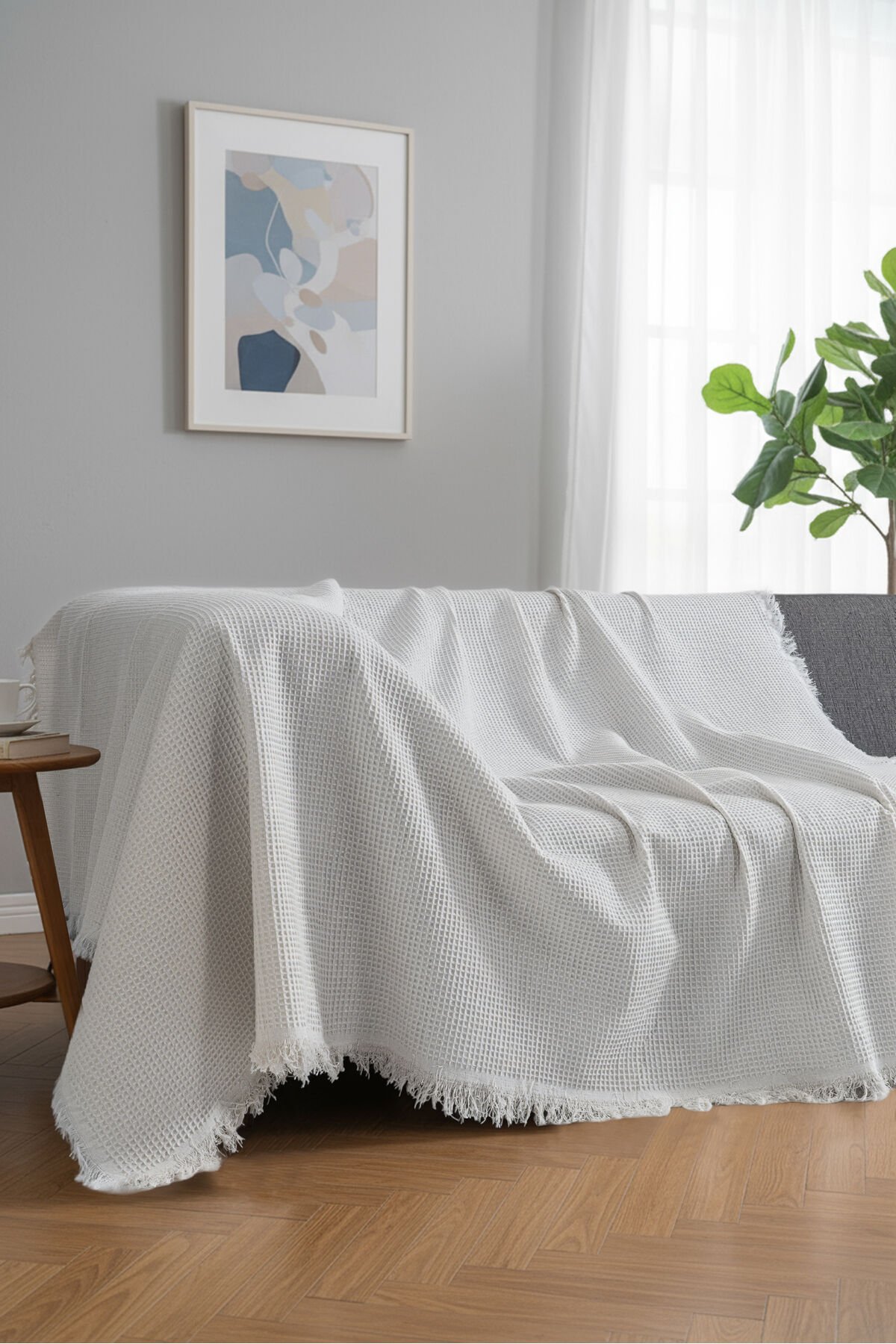 Pamuklu Dokulu Koltuk Şalı 170x220 cm – Saçaklı TV Battaniyesi & Dekoratif Koltuk Örtüsü Ekru
