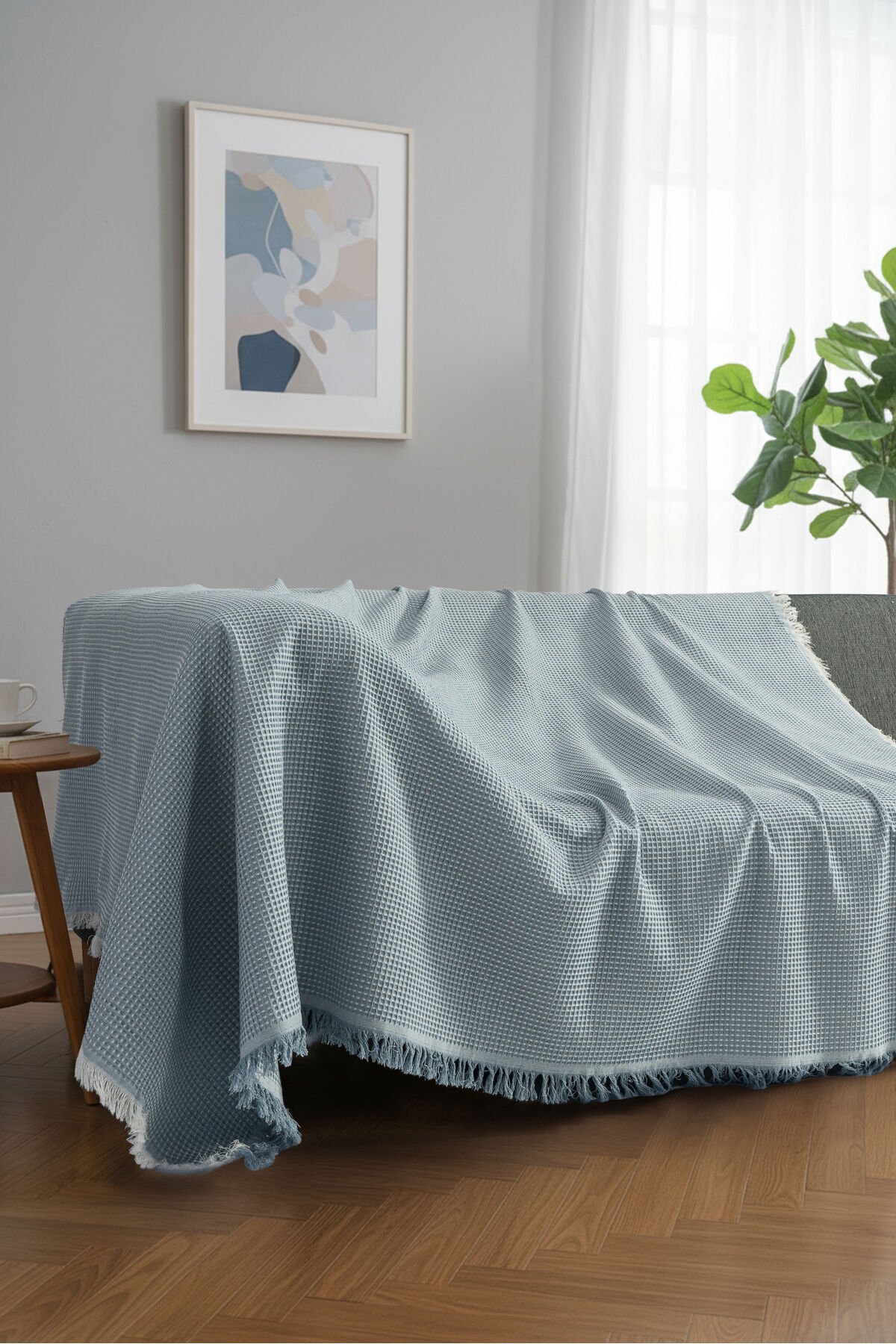 Pamuklu Dokulu Koltuk Şalı 170x220 cm – Saçaklı TV Battaniyesi & Dekoratif Koltuk Örtüsü Bebe Mavi
