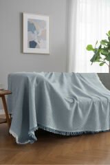 Pamuklu Dokulu Koltuk Şalı 170x220 cm – Saçaklı TV Battaniyesi & Dekoratif Koltuk Örtüsü Bebe Mavi