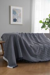 Pamuklu Dokulu Koltuk Şalı 170x220 cm – Saçaklı TV Battaniyesi & Dekoratif Koltuk Örtüsü Lacivert