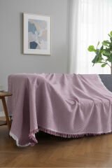 Pamuklu Dokulu Koltuk Şalı 170x220 cm – Saçaklı TV Battaniyesi & Dekoratif Koltuk Örtüsü Koyu Pembe
