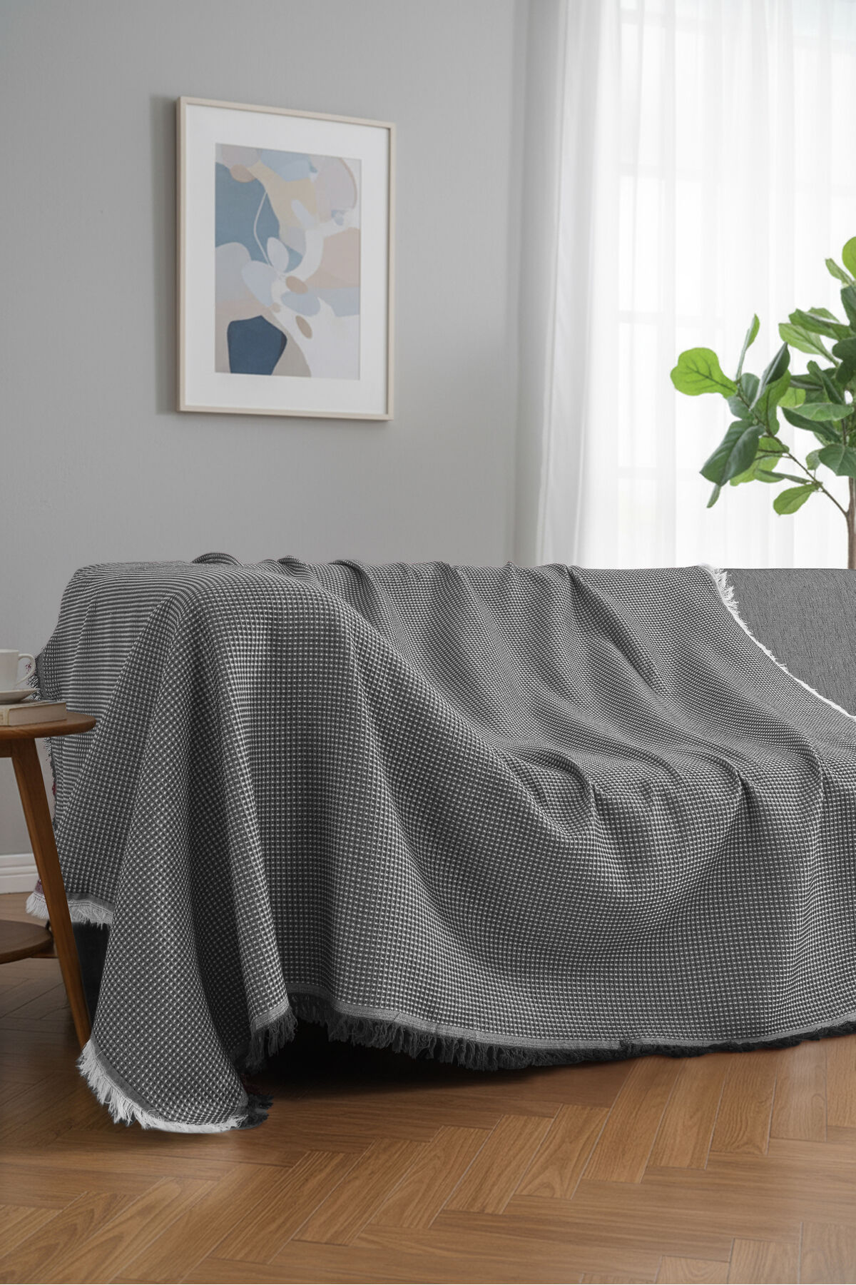 Pamuklu Dokulu Koltuk Şalı 170x220 cm – Saçaklı TV Battaniyesi & Dekoratif Koltuk Örtüsü Gri