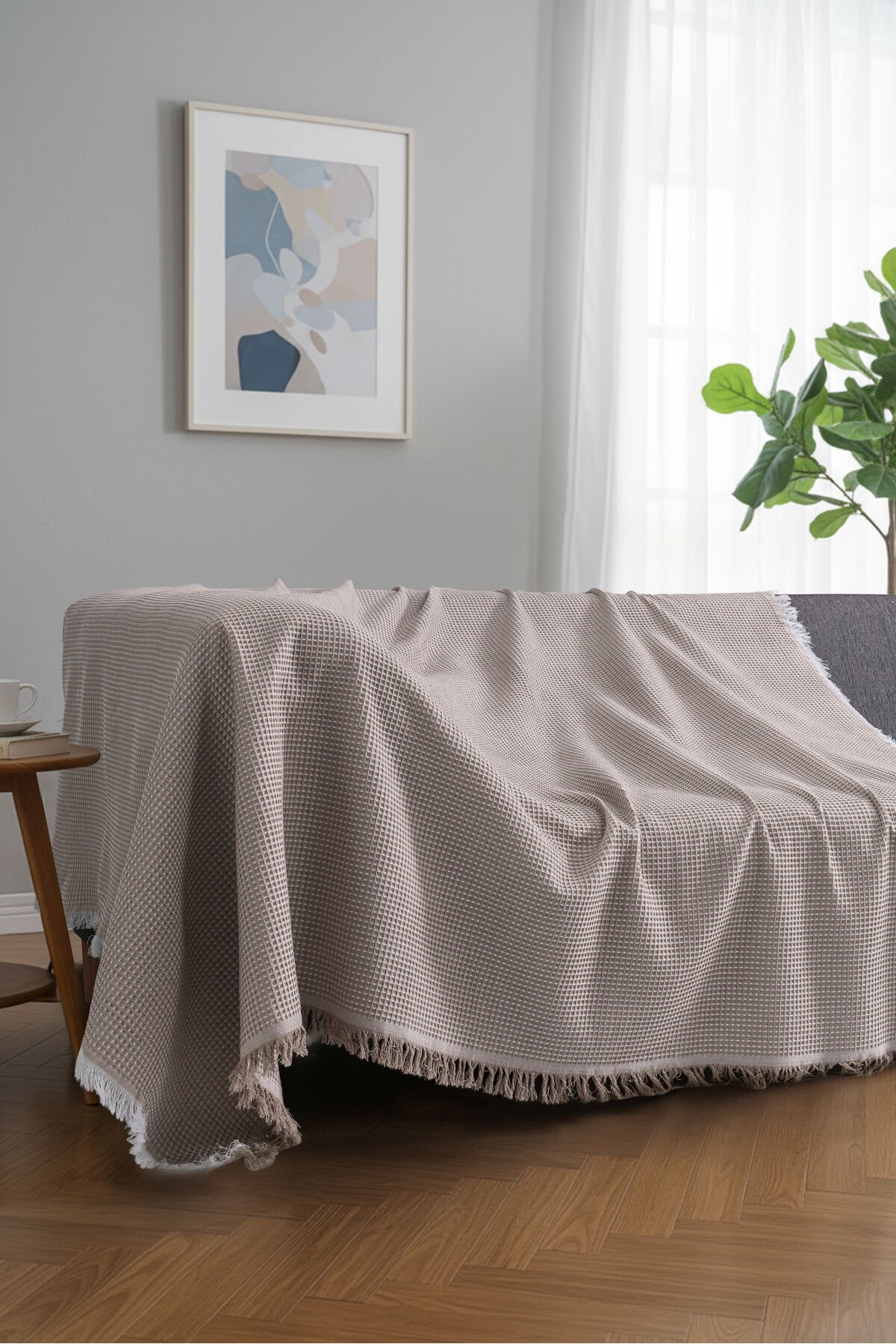 Pamuklu Dokulu Koltuk Şalı 170x220 cm – Saçaklı TV Battaniyesi & Dekoratif Koltuk Örtüsü Açık Bej