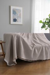 Pamuklu Dokulu Koltuk Şalı 170x220 cm – Saçaklı TV Battaniyesi & Dekoratif Koltuk Örtüsü Açık Bej