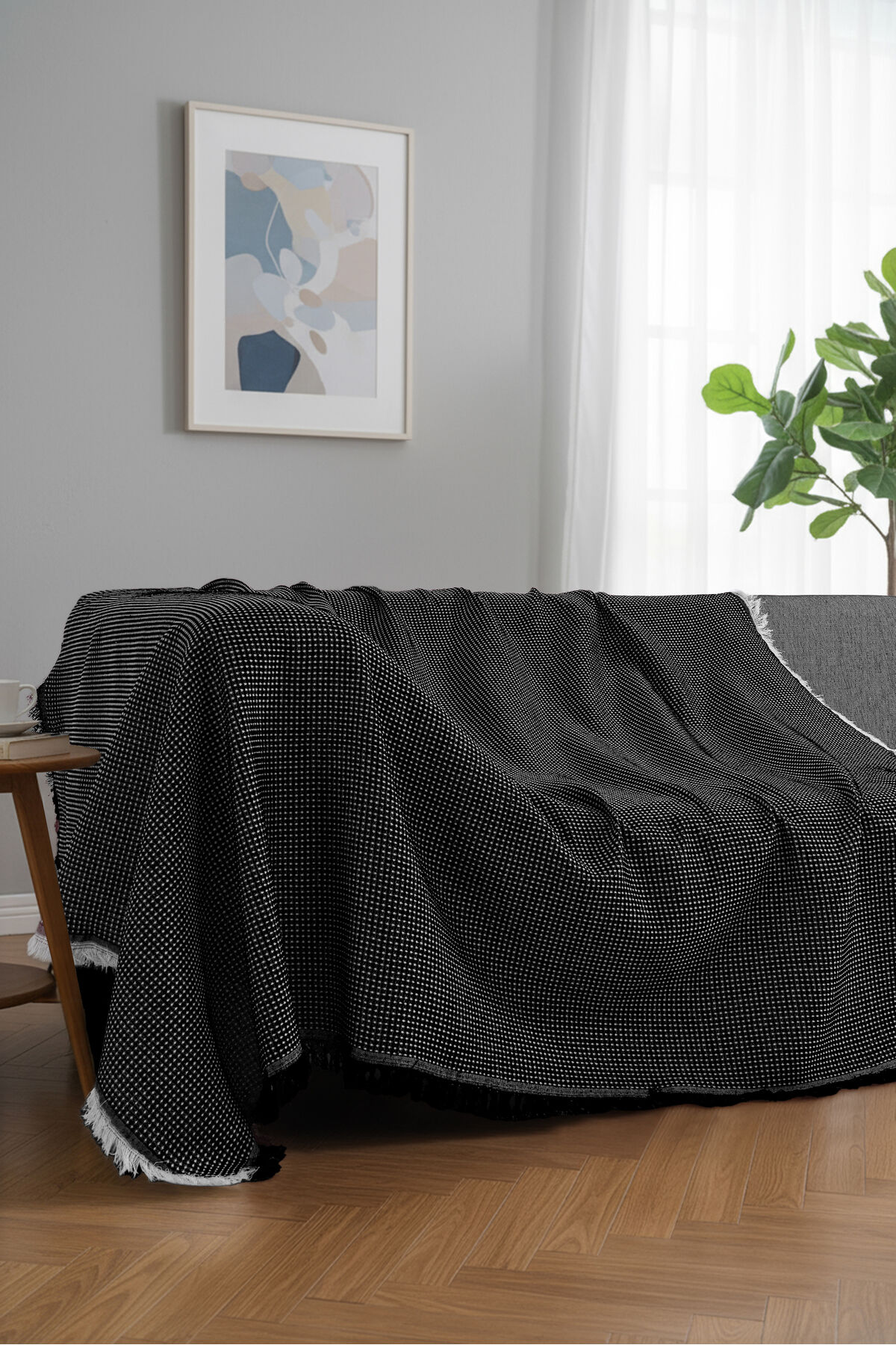 Pamuklu Dokulu Koltuk Şalı 170x220 cm – Saçaklı TV Battaniyesi & Dekoratif Koltuk Örtüsü Siyah