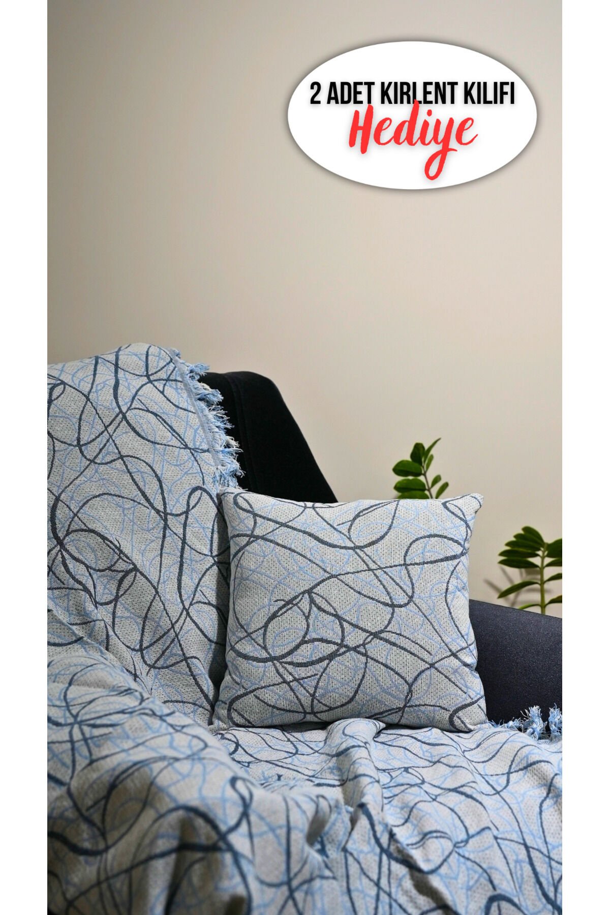 %100 Pamuklu Lüks Kaymaz Koltuk Örtüsü | Çok Amaçlı Örtü | 2 Adet 40x40 Cm Kırlent Kılıfı Bebemavi