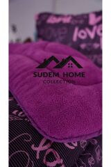Welsoft Çift Kişilik Yorgan Seti Çift Taraflı Yorgan Takımı Peluş ve Kışlık Yorgan Mürdüm Love